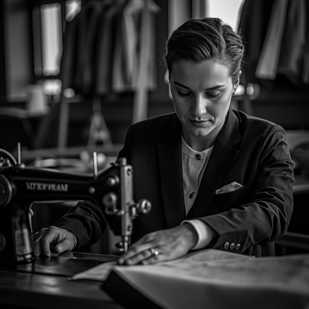 Black-and-white photograph of the studio shirt-maker at her machine.